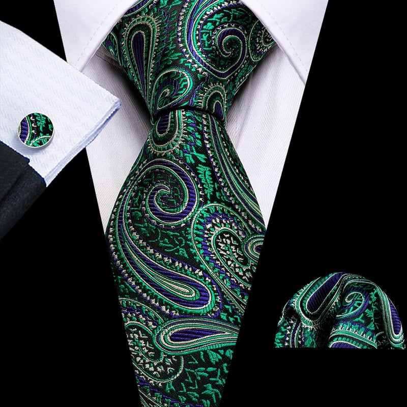 Barry.Wang Store Men Ties Paisley Woven Silk Necktie Set with Pocket Suqare Cufflinks Formal - Image 4